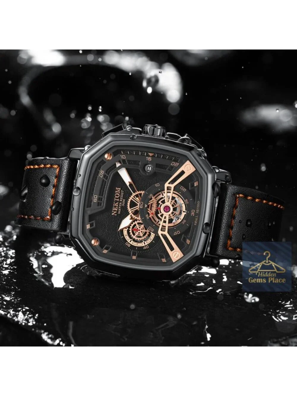 Men's Skeleton Quartz Watch, Luminous Big Face, Leather Strap, 30M Water